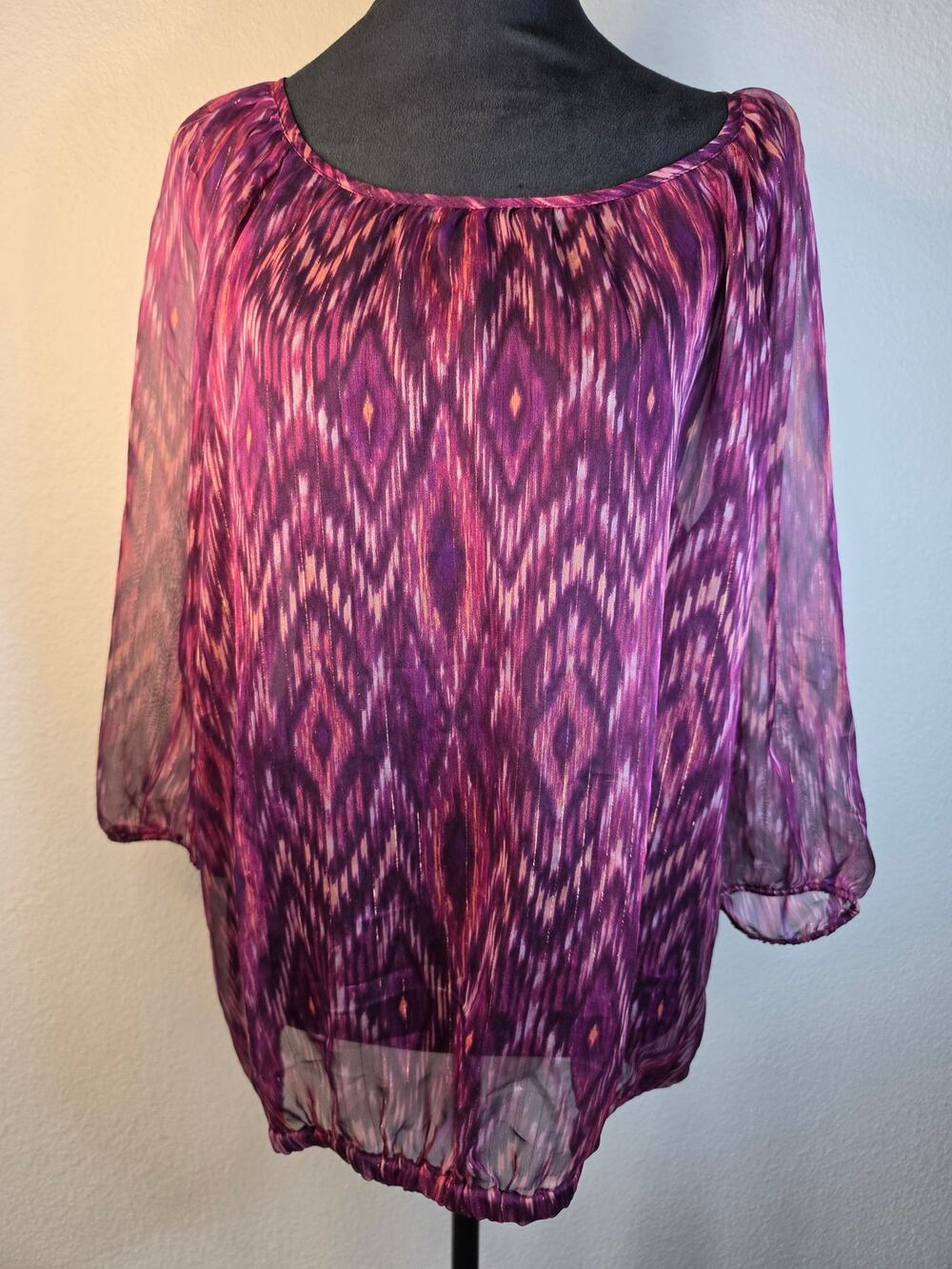 Purple & Magenta Patterned Sheer Long-sleeve Blouse Scoop Neckline Elastic Hem